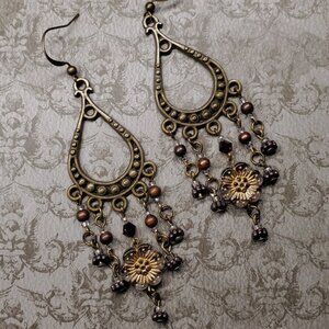 Antique Bohemian Chandelier Boho Flower Dangle Earrings - Hand Crafted